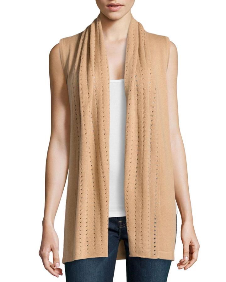 Neiman Marcus Cashmere Open-knit Trimmed Vest, Camel - (xl)