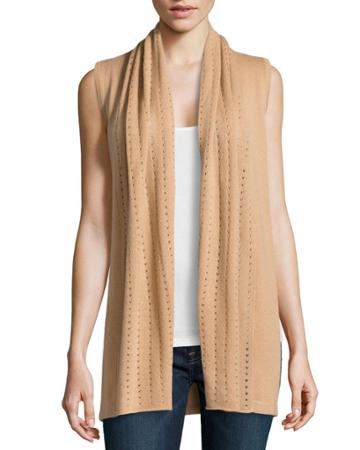 Neiman Marcus Cashmere Open-knit Trimmed Vest, Camel - (xl)