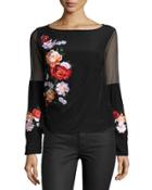 Floral-embroidered Silk Top, Black Pattern