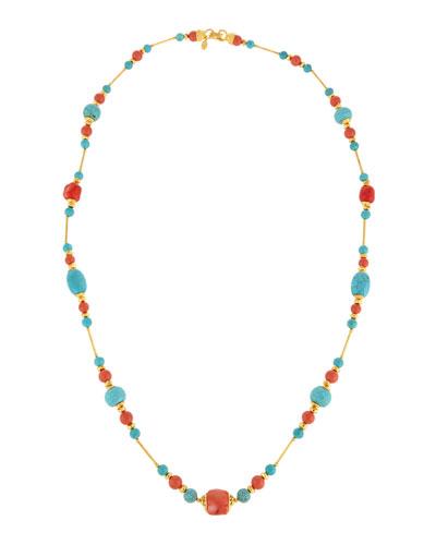 Long Reconstituted Turquoise & Coral Beaded Necklace