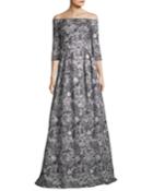 Off-the-shoulder Metallic Brocade 3/4 Sleeve Evening Gown