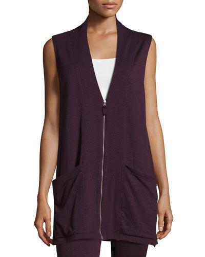 Sleeveless Terry Zip-front Cardigan, Wine/natural