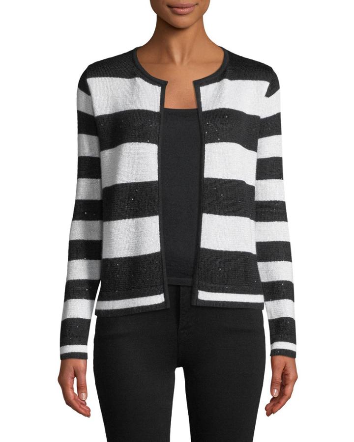 Sequin Striped Open-front Cashmere Cardigan