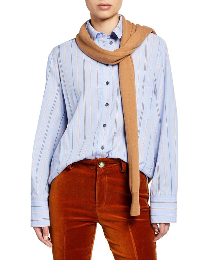 Striped Long-sleeve Button-down Shirt With Knit Combo