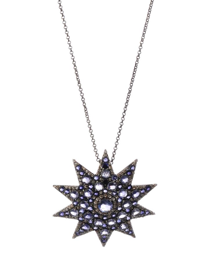 Black Silver Star Pendant Necklace With Purple Iolite & Diamonds,