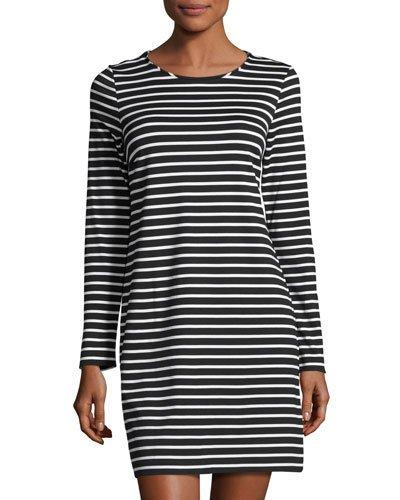 Striped Long-sleeve Shift Dress, Black