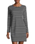 Striped Long-sleeve Shift Dress, Black