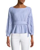 Pearly-sleeve Striped Tie-waist Blouse