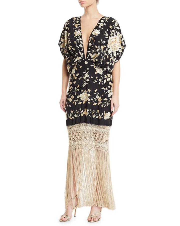 V-neck Floral Embroidered Fringe-hem Dress