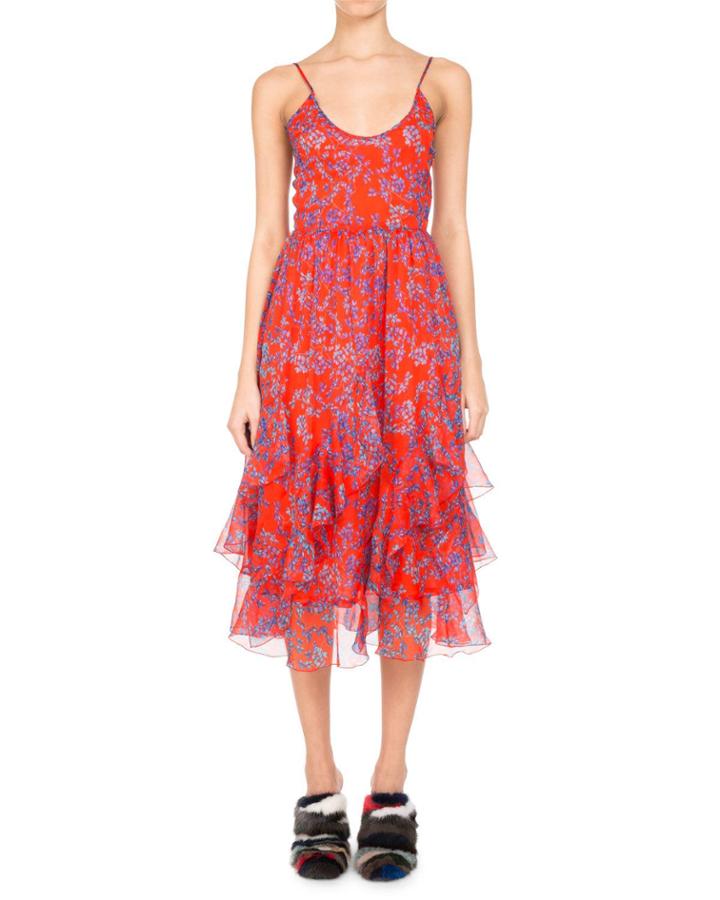 Floral-print Chiffon Ruffle-hem Midi Dress, Orange