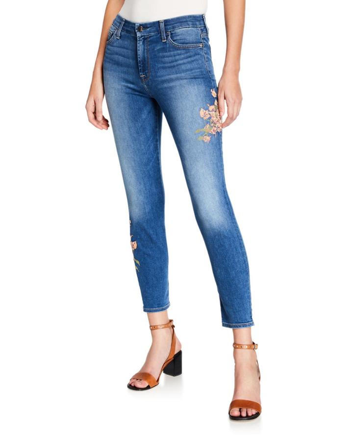 Floral Embroidered Faded Skinny Ankle Jeans