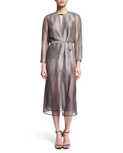 3/4-sleeve Belted Shirtdress, Gravel Print