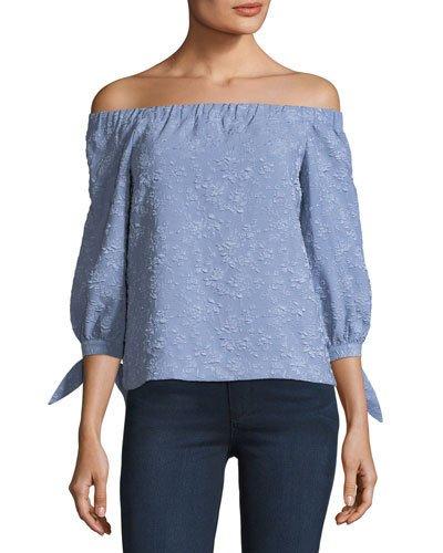 Off-the-shoulder Self-tie Embroidered Blouse