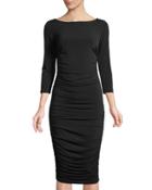 Ruched 3/4-sleeve Jersey Dress, Black