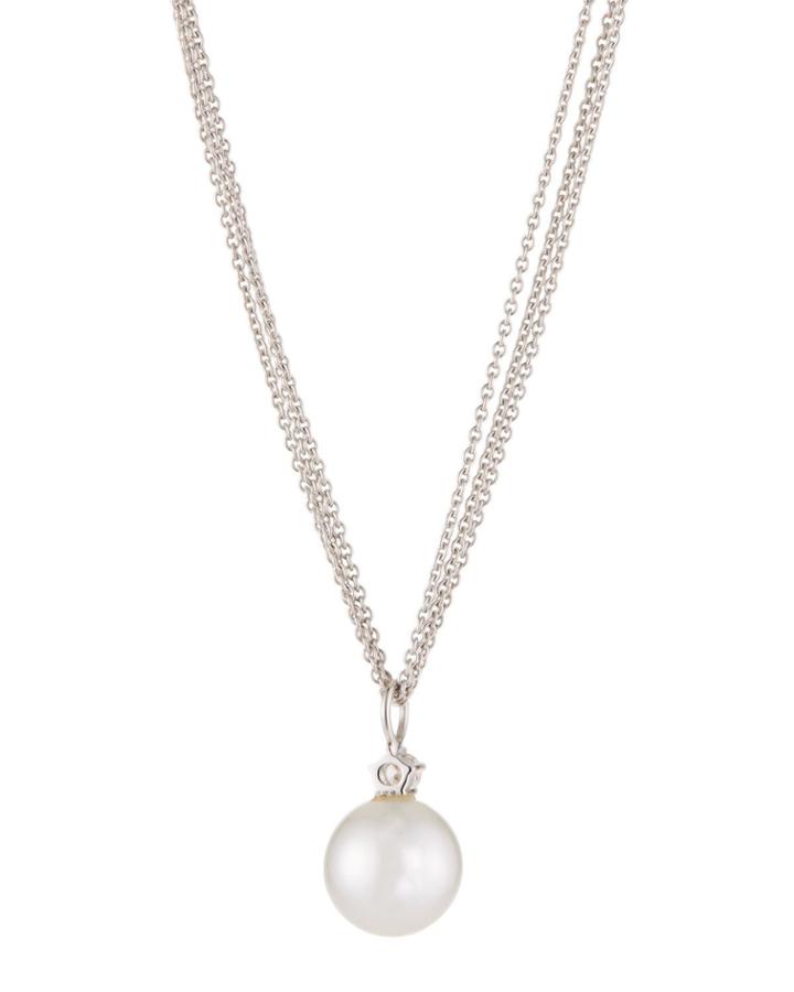 14k White Gold Triple-chain Pearl Pendant Necklace