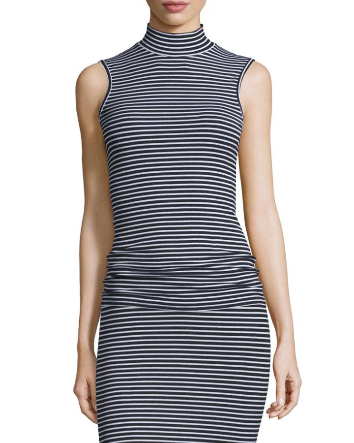 Sleeveless Striped Fitted Mock-neck Top, Black/white