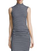 Sleeveless Striped Fitted Mock-neck Top, Black/white
