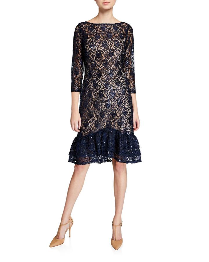 Illusion Lace Ruffle-hem Cocktail Dress