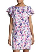 Ruffle-sleeve Floral-print Shift Dress,