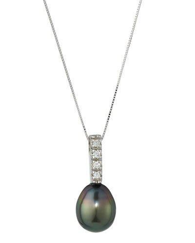 14k White Gold Diamond & Tahitian Pearl Drop Pendant Necklace