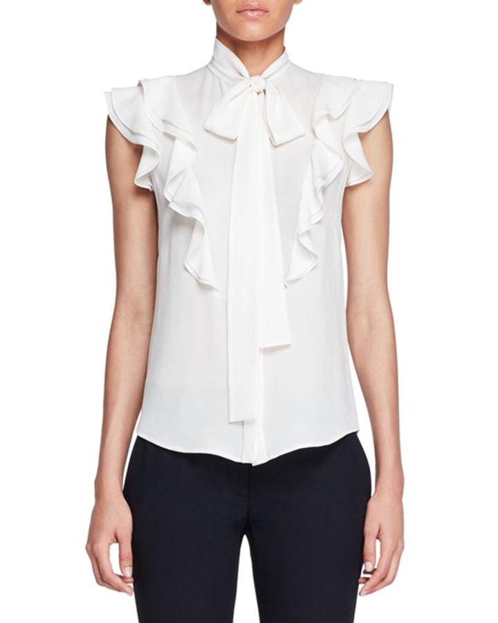 Ruffled Crepe Tie-neck Blouse, Ivory
