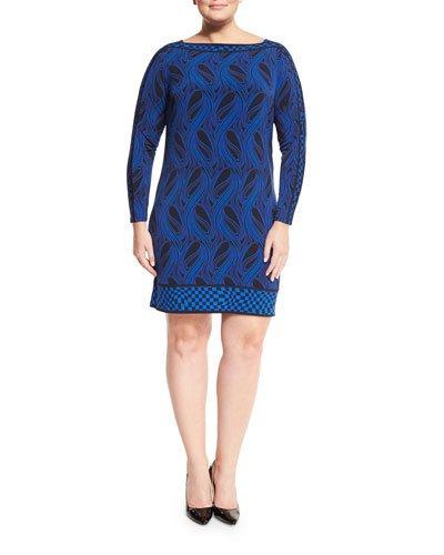 Long-sleeve Wave-print Bordered Dress, Amalfi Blue,