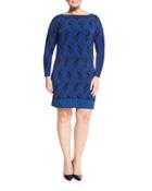 Long-sleeve Wave-print Bordered Dress, Amalfi Blue,