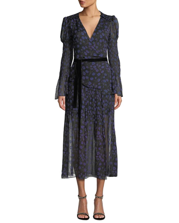 Ani Floral-print Smocked Silk Wrap Dress