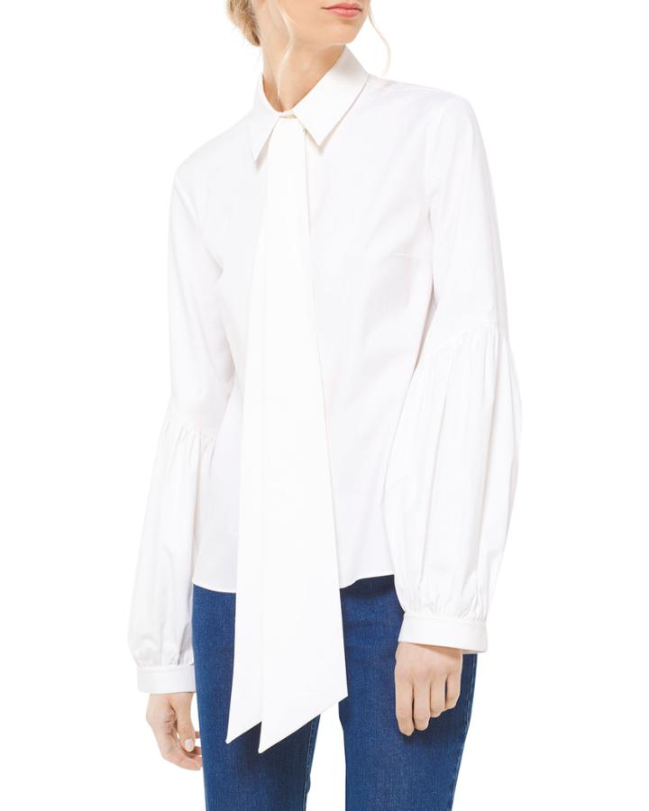 Poplin Tie-neck Poet-sleeve Blouse