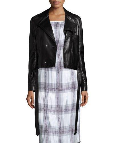 Double-breasted Leather Moto Jacket, Black