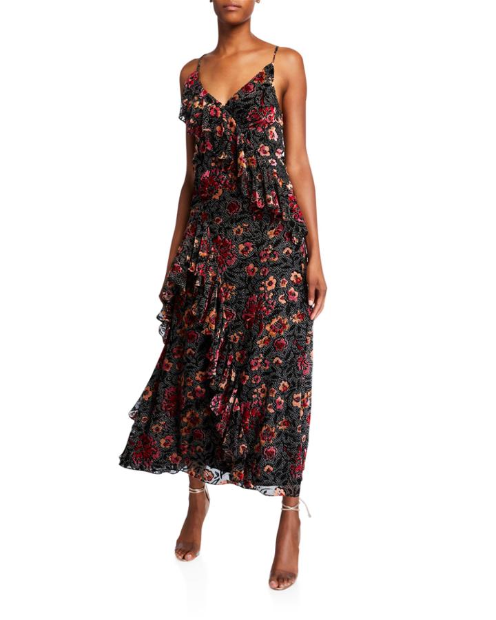 Dalia Floral Flocked V-neck Sleeveless Ruffle-trim Gown