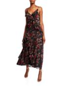 Dalia Floral Flocked V-neck Sleeveless Ruffle-trim Gown