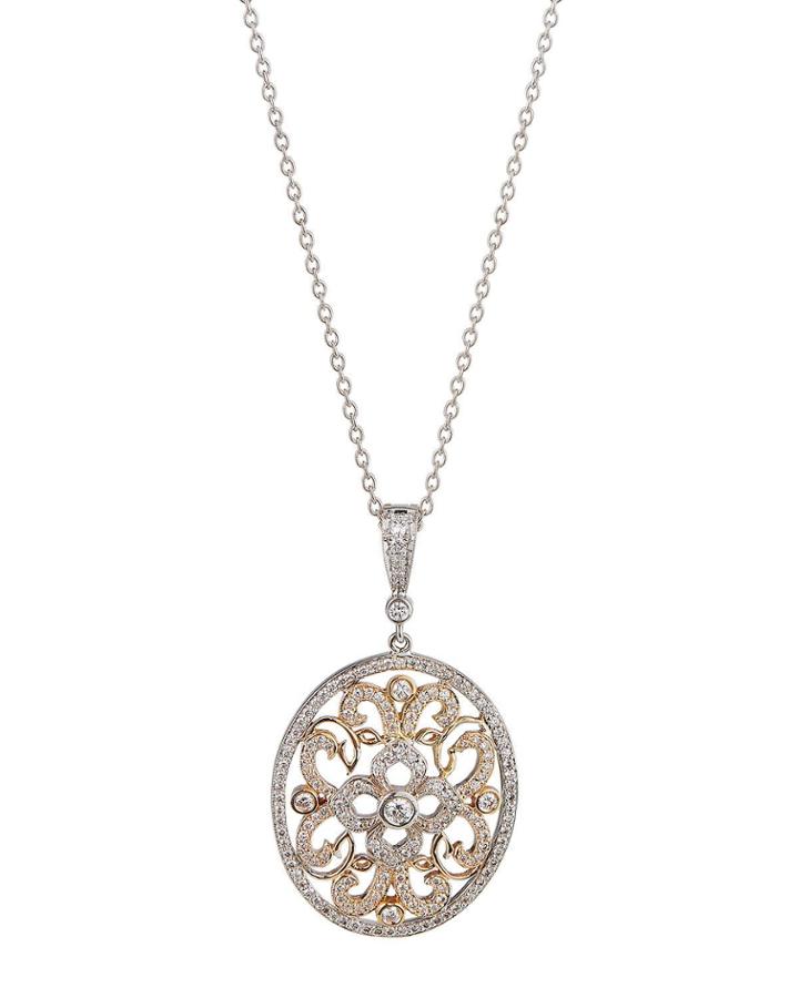 18k Two-tone Large Diamond Lace Oval Pendant Necklace