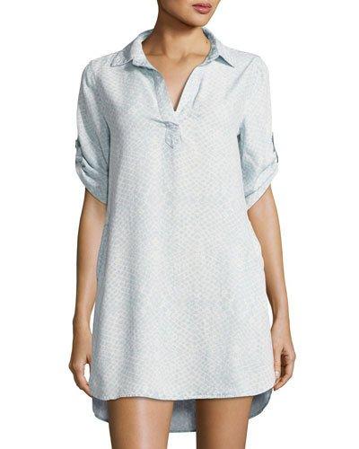 Snake-print Tab-sleeve Shirtdress,