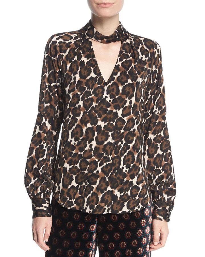 Abundant Canyon Cat Animal-print Silk Choker-neck Blouse