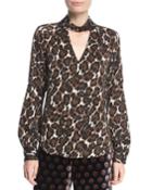 Abundant Canyon Cat Animal-print Silk Choker-neck Blouse