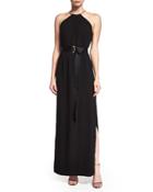 Sleeveless Shirred-neck Belted Gown, Black