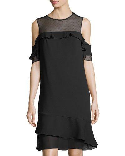 Cold-shoulder Mixed-media Ruffle Dress
