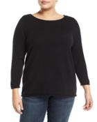 Basic Cashmere Boat-neck Pullover Sweater, Black (plus