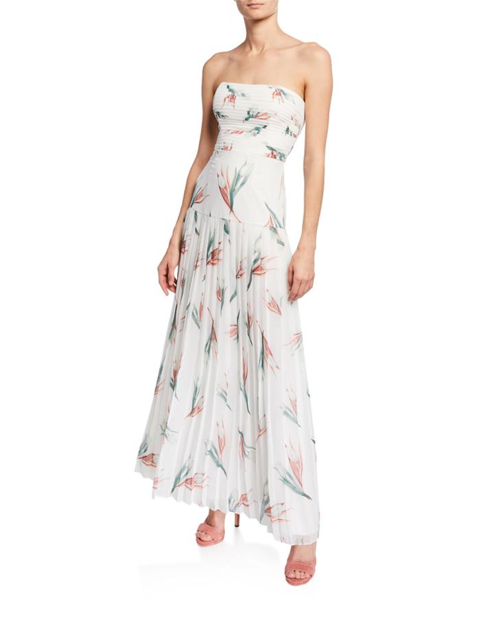 Floral-print Strapless Pleated