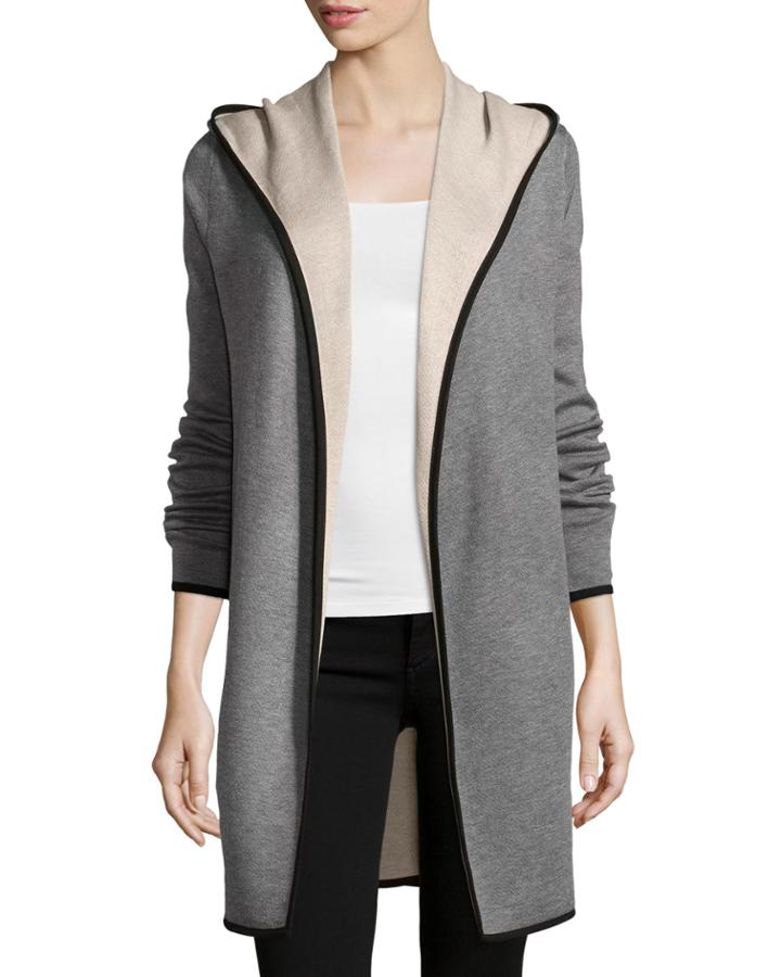 Neiman Marcus Double-faced Hooded Cardigan, Gray/beige, Women's, Size: