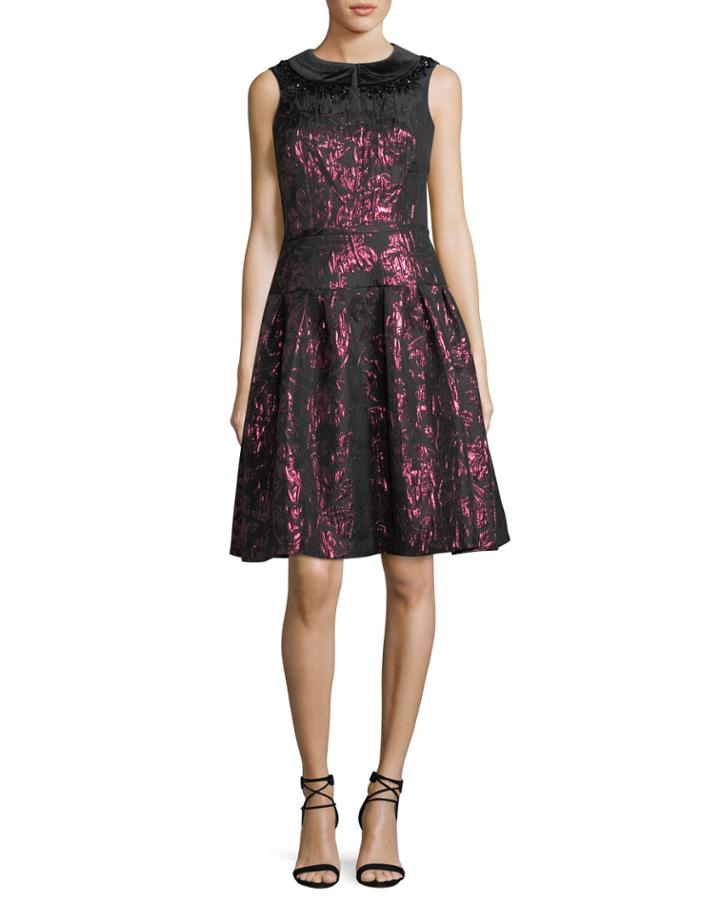 Sleeveless Velvet Collar Metallic Jacquard Cocktail Dress