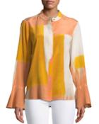 Flare-sleeve Mandarin-collar Button-front Blouse