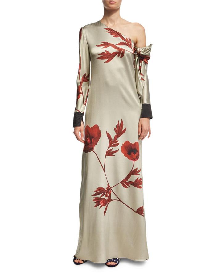 La Gitanilla Floral Silk Satin One-shoulder Gown