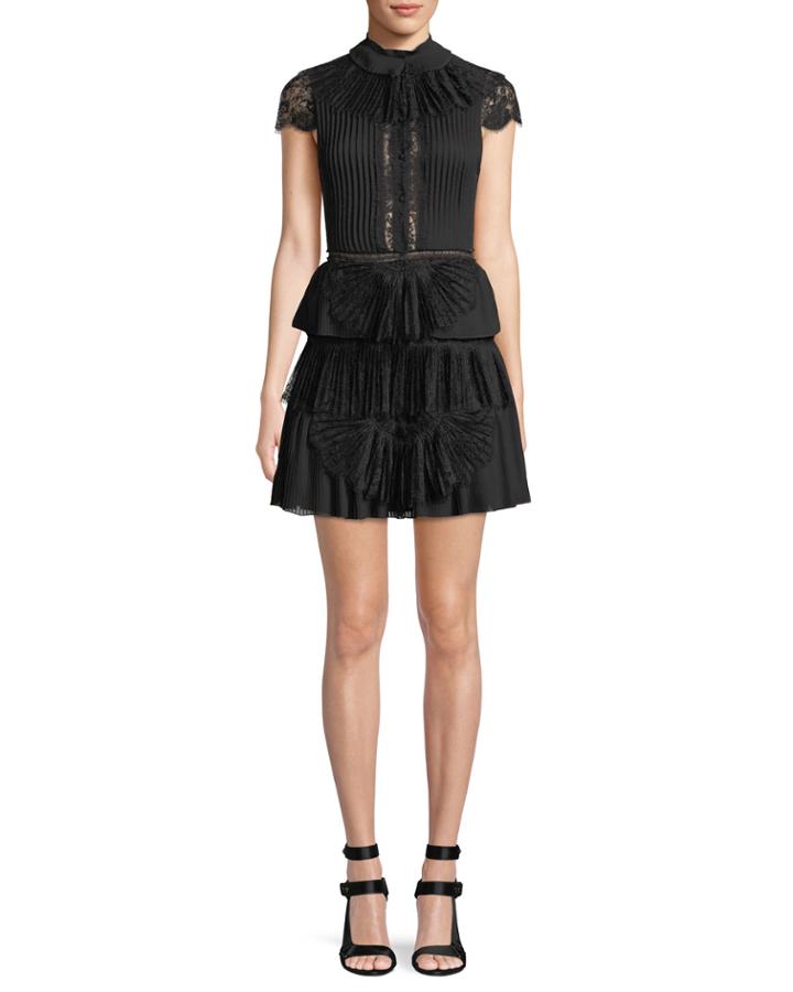 Rosetta High-neck Cap-sleeve Tiered Lace Cocktail Dress