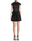 Rosetta High-neck Cap-sleeve Tiered Lace Cocktail Dress