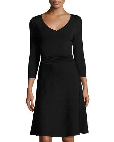3/-sleeve A-line Sweater Dress, Black