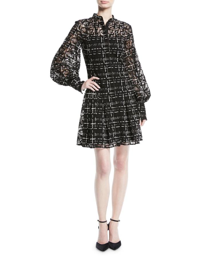 Long-sleeve Button-down Plaid-lace Dress