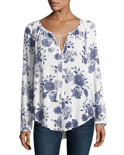 Raglan-sleeve Floral-print Top, White/blue