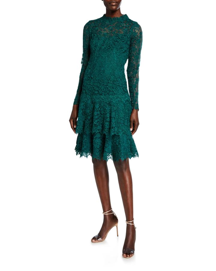 Floral Lace Mock-neck Long-sleeve Tiered Dress